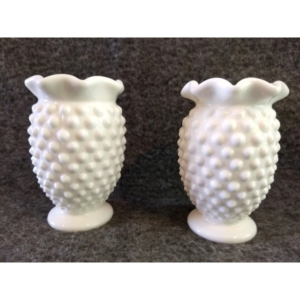Vintage Fenton White Milk Glass Hobnail Mini Vases Set of 2 Ruffled Crimped Edge